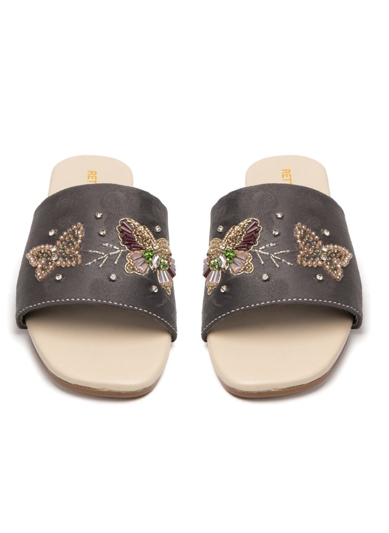 RETTROSE RETTROSE Saylor Women’s Luxury Sliders – Brown & Beige Handmade Comfortable Slippers with Diamanté Appliqué | Elegant Footwear  - Image 3
