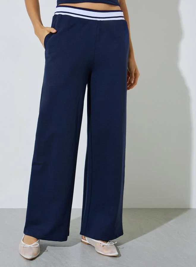 Styli Navy Blue Solid Elasticated Waist Wide Leg Joggers