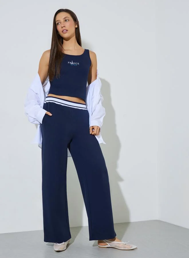 Styli Navy Blue Solid Elasticated Waist Wide Leg Joggers