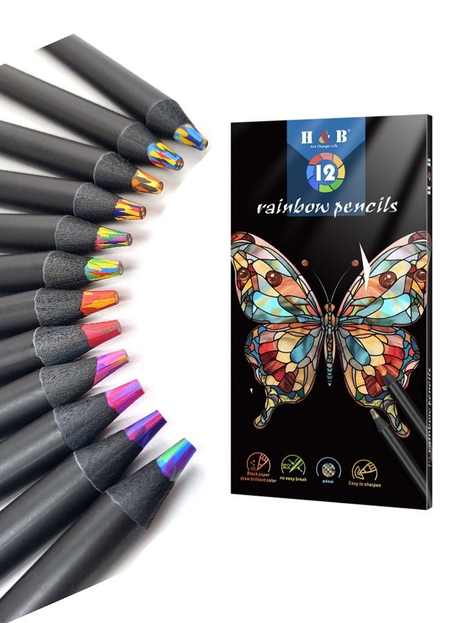 Generic 4 in 1 Black Wooden Rainbow Pencils，12 Colour Pencils for Adult and Child，Classroom School Pencils Cool Gifts Stuff Art Supplies,Party Favors,Goodie Bags Fillers(12 Pcs)  - Image 1