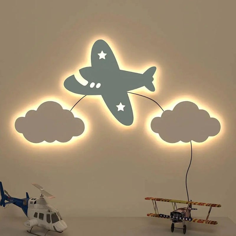 DEKORSTATION Aeroplane Flying on The Cloud Wall Lamp Wooden Creative Wall Decorative Backlit Wall Hanging Kids Room dcor Light for Home and Office Dcor
