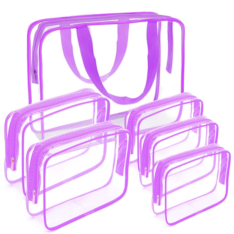 APREUTY Clear Makeup Bags TSA Approved 6 Pcs Cosmetic Makeup Bags Set Clear PVC with Zipper Handle Portable Travel Luggage Pouch Airport Airline Vacation Organization Purple - Image 2