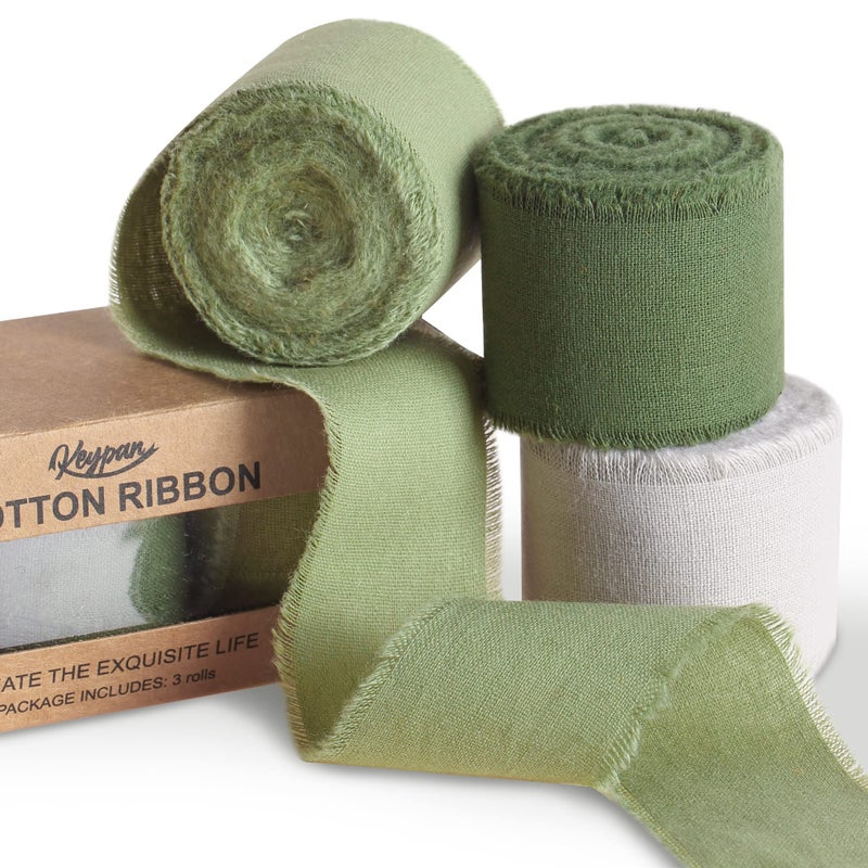 Keypan Green Ribbon 1-1/2 x 15 Yards Handmade Cotton Frayed Fringe Fabric Ribbons for Crafts Flower Bouquets Wedding Baby Shower Home DIY Decor - Image 1