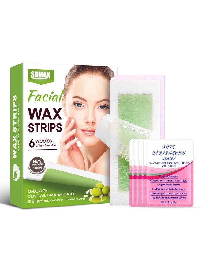 30 قطعة من شرائح الشمع للوجه - شرائح بدون حرارة (15 ورقة) للوجه، والحواجب، والشفة العليا والذقن، شرائح شمع بدون حرارة - Image 5