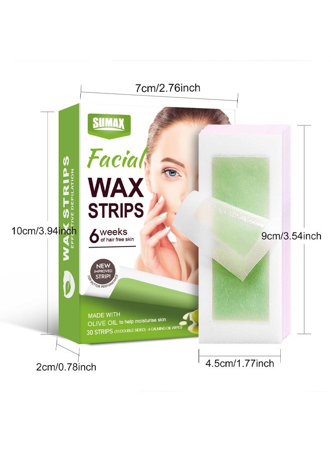 30 قطعة من شرائح الشمع للوجه - شرائح بدون حرارة (15 ورقة) للوجه، والحواجب، والشفة العليا والذقن، شرائح شمع بدون حرارة - Image 2