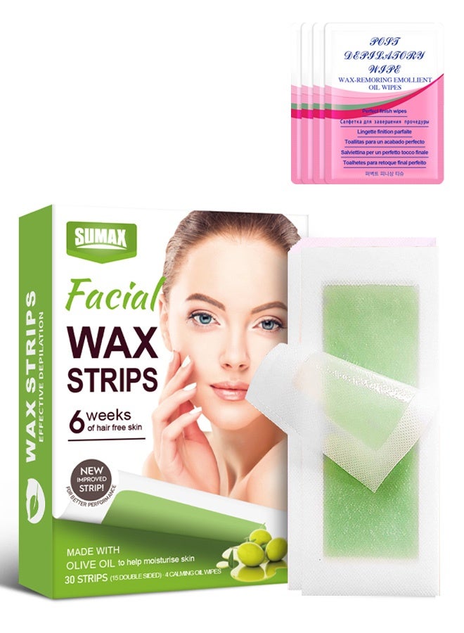 30 قطعة من شرائح الشمع للوجه - شرائح بدون حرارة (15 ورقة) للوجه، والحواجب، والشفة العليا والذقن، شرائح شمع بدون حرارة - Image 1
