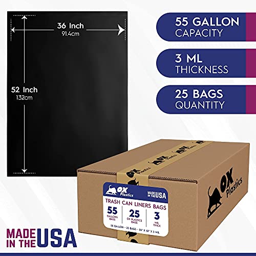 Ox Plastics 55 Gallon Trash Bags Heavy Duty – Large Black Contractor Bags 36x52" – Industrial, Yard Waste, Lawn & Leaf, Construction Garbage Can Liners – Made in USA (3 Mil, 25 Count) - Image 3