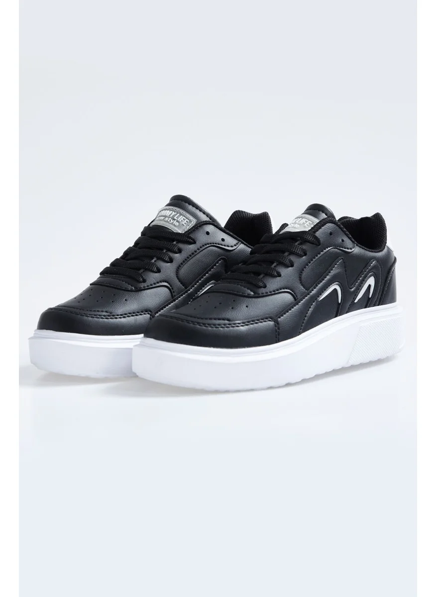 Tommy Life Black - White Laced High Sole Faux Leather Women's Sneakers - 89200