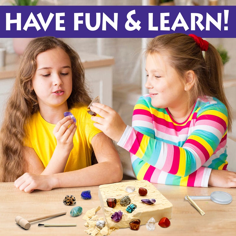 DANCING BEAR Gem stone Dig Kit, Excavate 16 Real Gems & Crystals including Arrowheads, Quartz Point and Amethyst, STEM Education for Kids, Fun Rock Mining Science Activity Gift Sets for Girls and Boys - Image 3