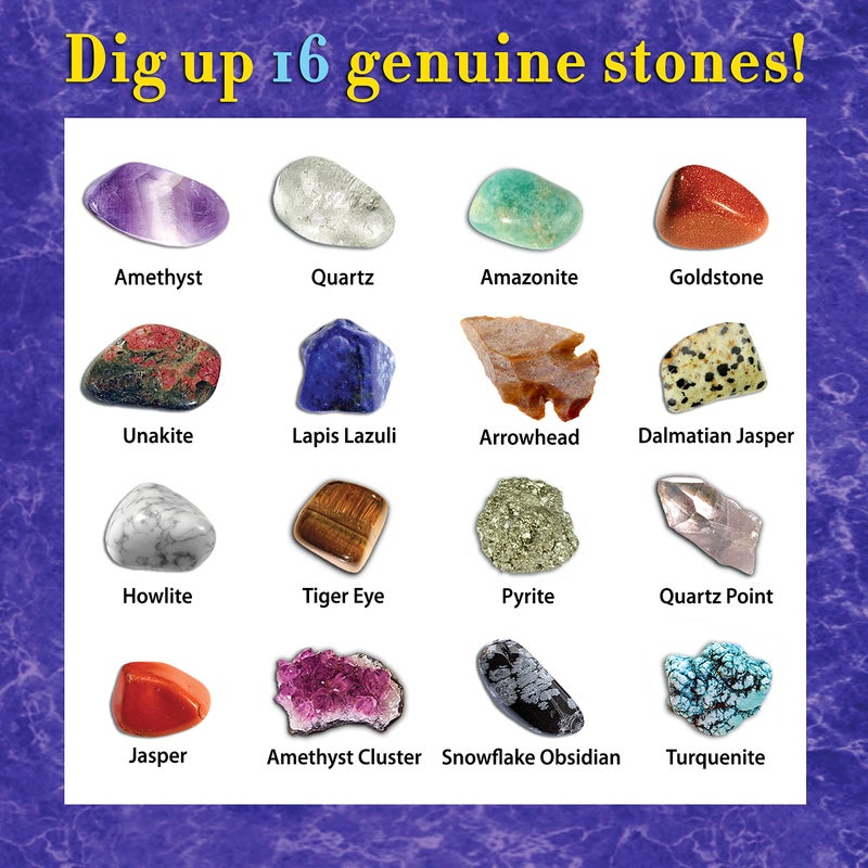 DANCING BEAR Gem stone Dig Kit, Excavate 16 Real Gems & Crystals including Arrowheads, Quartz Point and Amethyst, STEM Education for Kids, Fun Rock Mining Science Activity Gift Sets for Girls and Boys - Image 4