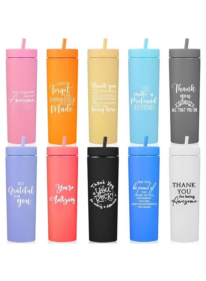 Rtteri 10 Pcs Thank You Cups Employee Appreciation Gifts 16oz Skinny Tumblers with Lids and Straws Plastic Tumblers for Social Worker Secretaries Teacher Staff(Colorful,Appreciation) - Image 1