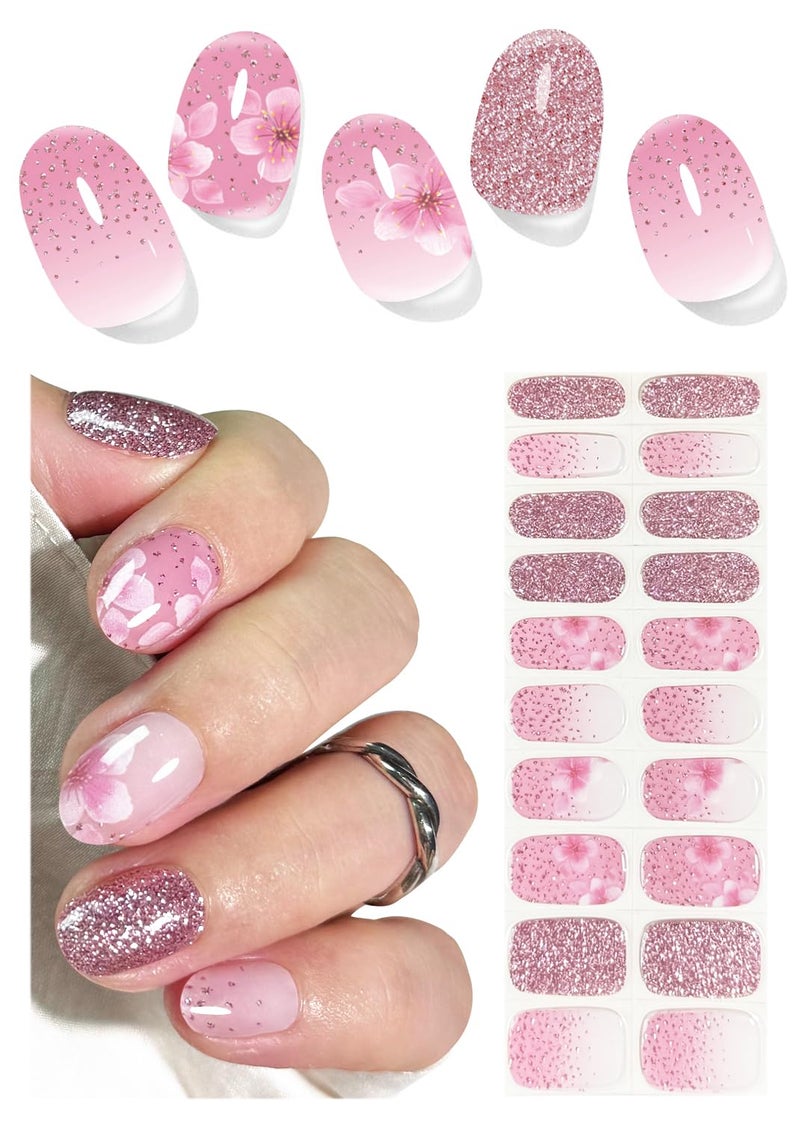 Wahrshei UV Gel Nail Stickers, Spring, Pink Sakura 20pcs Semi Cured Gel Nail Strips, Wraps for Home Manicure DIY - Image 1