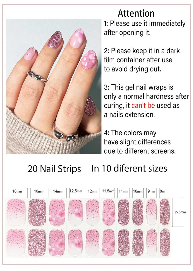 Wahrshei UV Gel Nail Stickers, Spring, Pink Sakura 20pcs Semi Cured Gel Nail Strips, Wraps for Home Manicure DIY - Image 2