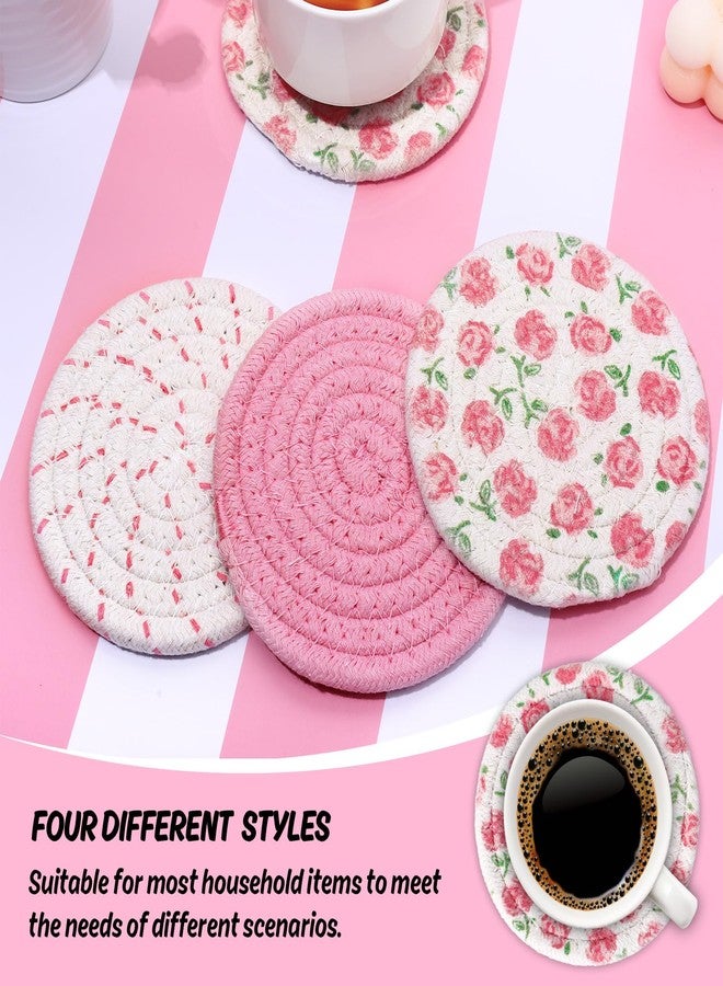 وولاين مجموعة قواعد أكواب من 4 قطع من Whaline، مصنوعة يدويًا من القطن المضفر، بتصميم زهور وردية، دائرية الشكل، مانعة للانزلاق، ماصة للرطوبة، مناسبة للمنزل والمكتب والمطاعم، هدية مثالية للمنزل الجديد، مقاس 4.3 × 4.3 بوصة - Image 3