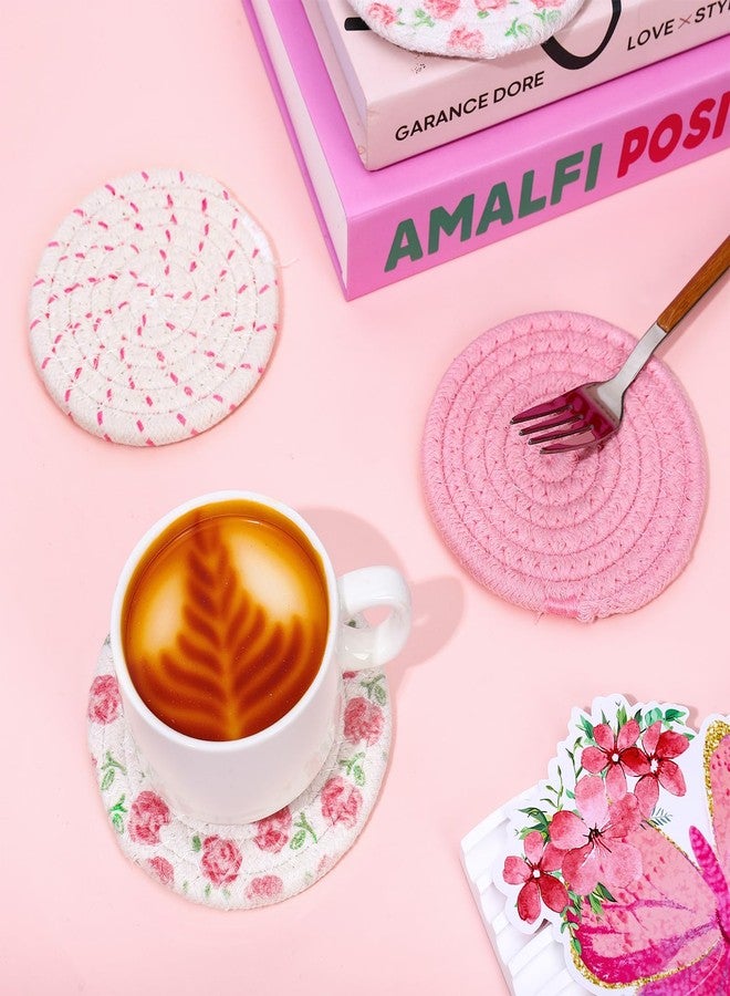 وولاين مجموعة قواعد أكواب من 4 قطع من Whaline، مصنوعة يدويًا من القطن المضفر، بتصميم زهور وردية، دائرية الشكل، مانعة للانزلاق، ماصة للرطوبة، مناسبة للمنزل والمكتب والمطاعم، هدية مثالية للمنزل الجديد، مقاس 4.3 × 4.3 بوصة - Image 5