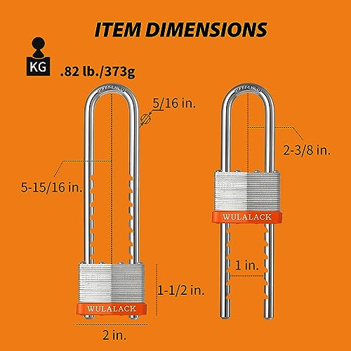 WULALACK Padlock with Key, WULALACK 2 inch Wide Heavy Duty Laminated Steel Keyed Padlock with Adjustable Shackle, Long Shackle Pad Lock with 2 Keys - Image 2
