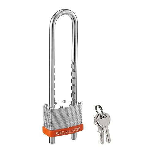 WULALACK Padlock with Key, WULALACK 2 inch Wide Heavy Duty Laminated Steel Keyed Padlock with Adjustable Shackle, Long Shackle Pad Lock with 2 Keys - Image 1