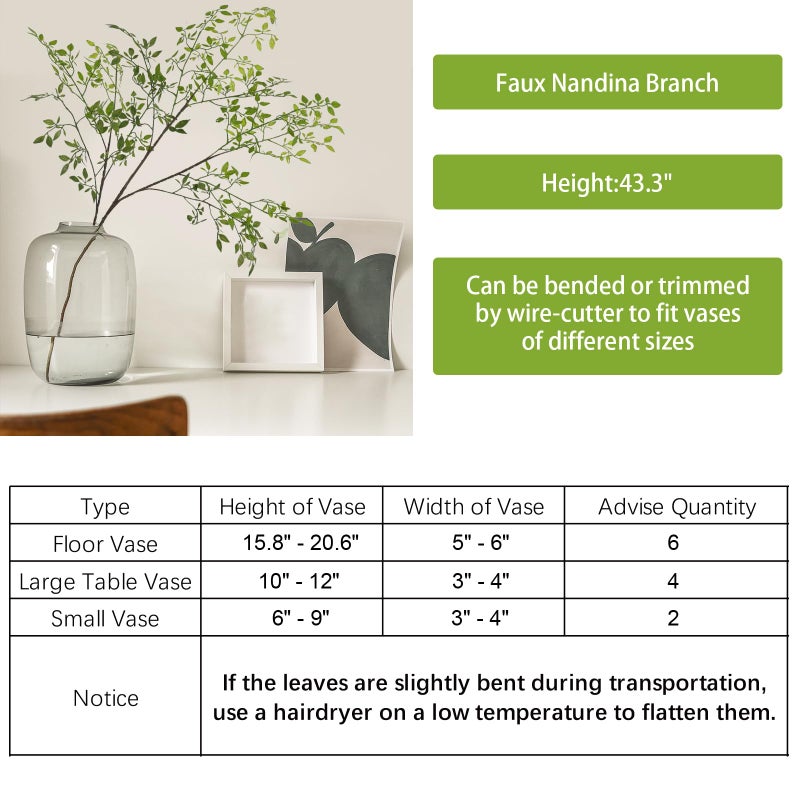 CEWOR Artificial Plants 2PCS 43.3 Inch Green Nandina Tall Plants for Wedding Shop Garden Office Home DÃ©cor Greenery Stems Fake Branches for Vase Indoor - Image 3