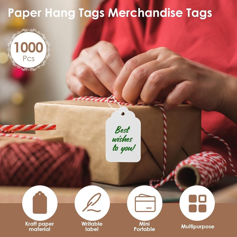 windforgecraft 1000 Pcs Price Tags Gift Tags Double-Sided Available Kraft Paper Price Tags Jewellery Price Tags with String Hanging Tags with String for Christmas Baby Shower Wedding Presents Teachers Gifts (White) - Image 2