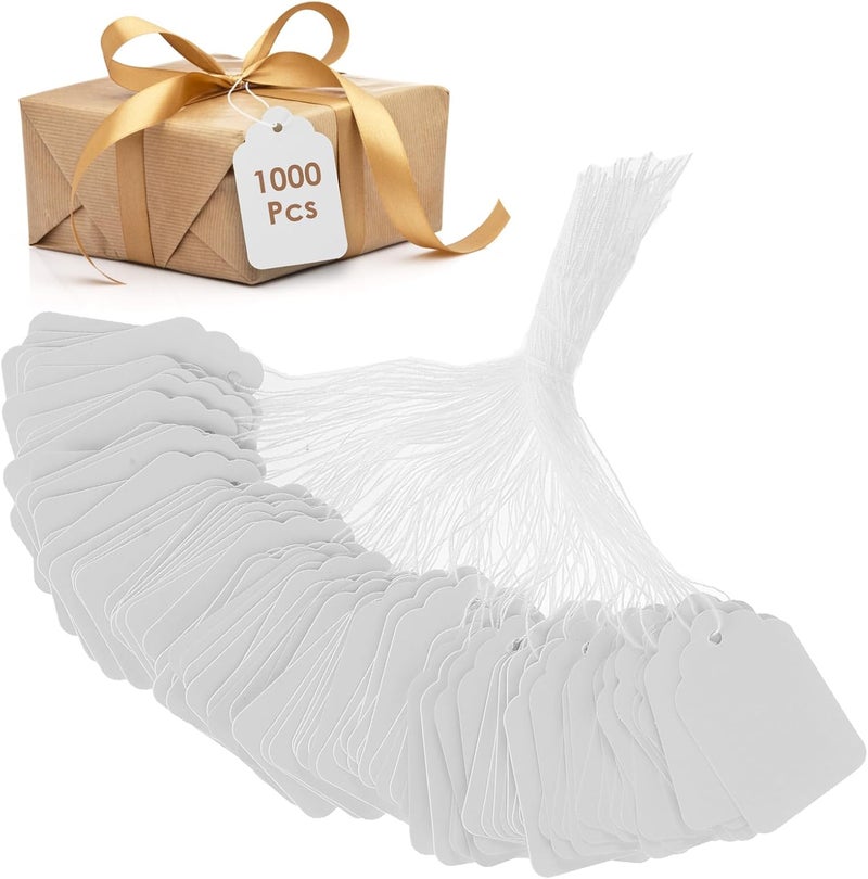windforgecraft 1000 Pcs Price Tags Gift Tags Double-Sided Available Kraft Paper Price Tags Jewellery Price Tags with String Hanging Tags with String for Christmas Baby Shower Wedding Presents Teachers Gifts (White) - Image 1