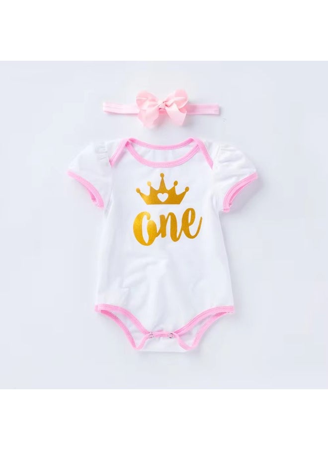 We Happy - 4 Pieces Baby Girl Birthday Costume Newborn Princess Theme 1st Birthday ONE Printed Party Wear with Tutu Skirt, Cake Topper and Floral Headband - Image 1