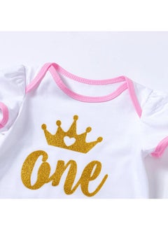 We Happy 4 Pieces Baby Girl Birthday Costume Newborn Princess Theme 1st Birthday ONE Printed Party Wear with Tutu Skirt, Cake Topper and Floral Headband  - Image 2