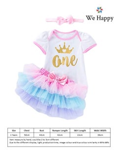 We Happy 4 Pieces Baby Girl Birthday Costume Newborn Princess Theme 1st Birthday ONE Printed Party Wear with Tutu Skirt, Cake Topper and Floral Headband  - Image 4