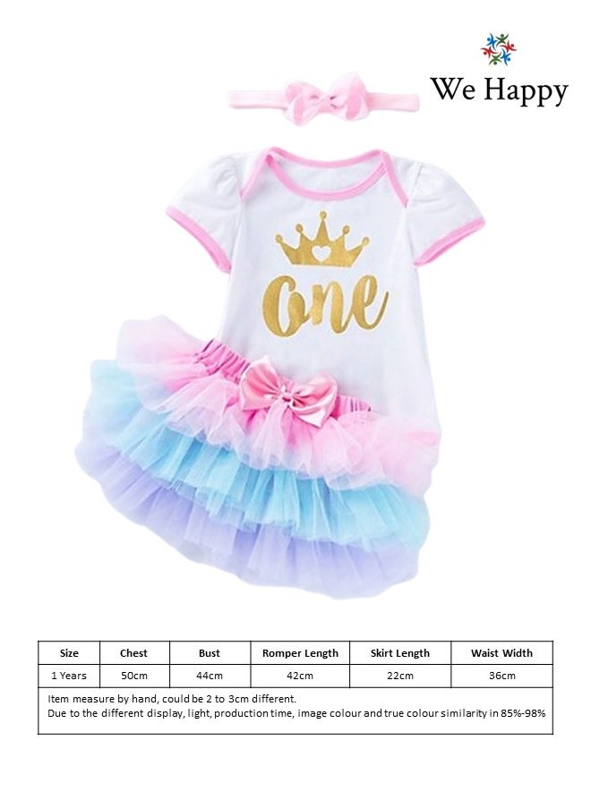 We Happy - 4 Pieces Baby Girl Birthday Costume Newborn Princess Theme 1st Birthday ONE Printed Party Wear with Tutu Skirt, Cake Topper and Floral Headband - Image 1