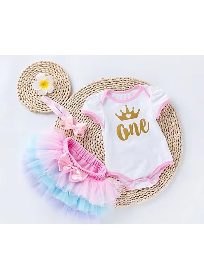 We Happy - 4 Pieces Baby Girl Birthday Costume Newborn Princess Theme 1st Birthday ONE Printed Party Wear with Tutu Skirt, Cake Topper and Floral Headband - Image 1