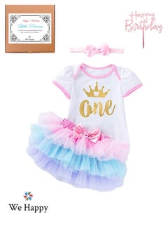 We Happy 4 Pieces Baby Girl Birthday Costume Newborn Princess Theme 1st Birthday ONE Printed Party Wear with Tutu Skirt, Cake Topper and Floral Headband  - Image 1