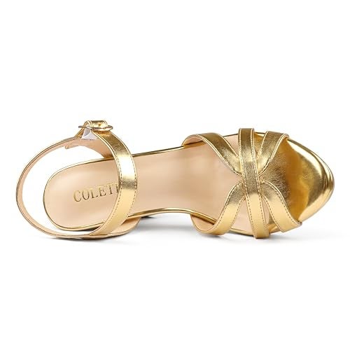 COLETER Women's Platform Chunky Heels Ankle Strap Block Heeled Sandals Party Wedding Shoes Matte Gold 7.5US - Image 5