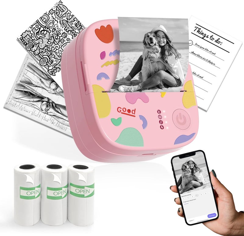 XenGro Mini Portable Sticker Printer, Mini Thermal Printer with 3 Rolls Paper, Bluetooth Inkless Printpods, Pocket Label Maker Suitable for Creative Kids DIY, Diaries, Photos, Study Notes -Light Pink - Image 1