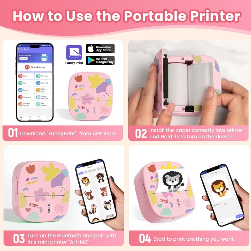 XenGro Mini Portable Sticker Printer, Mini Thermal Printer with 3 Rolls Paper, Bluetooth Inkless Printpods, Pocket Label Maker Suitable for Creative Kids DIY, Diaries, Photos, Study Notes -Light Pink - Image 3