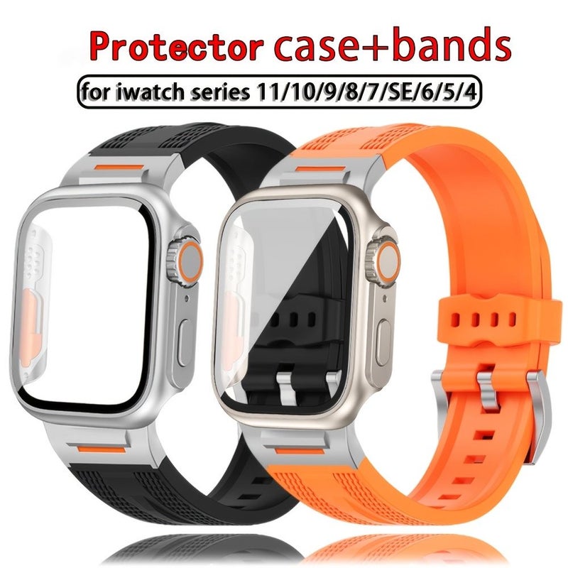 2in1 Rugged Sport Bands With All Round Protector Case For Apple Watch Series 11 10 9 8 7 SE 6 5 4 46mm 45mm 44mm 42mm 41mm 40mm Rose Golden Vintage Rose Metal Connector Sport Strap 9H Tempered Glass Hard PC - Image 1