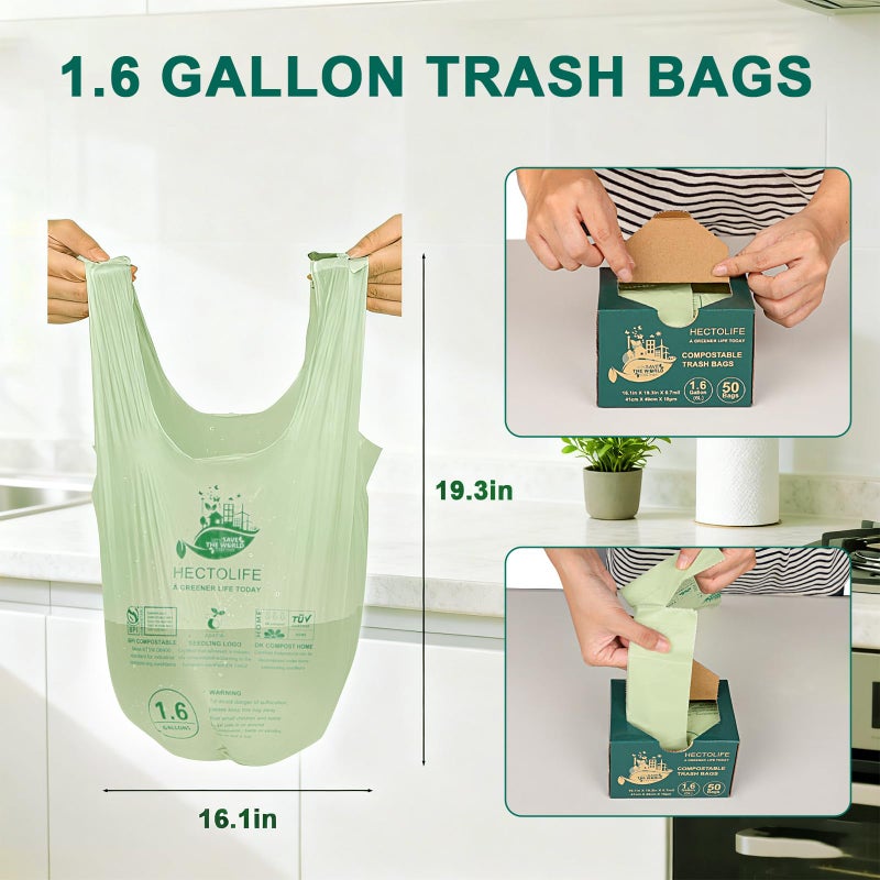 HECTOLIFE 1.6 Gallon 100 Count,Compostable Bags Handle Tie,Tear Resistant Kitchen Food Scrap Waste Bag, ASTM D6400, US BPI and Europe OK Compost Home Certified - Image 2