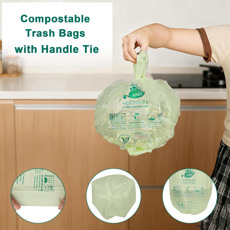 HECTOLIFE 1.6 Gallon 100 Count,Compostable Bags Handle Tie,Tear Resistant Kitchen Food Scrap Waste Bag, ASTM D6400, US BPI and Europe OK Compost Home Certified - Image 4