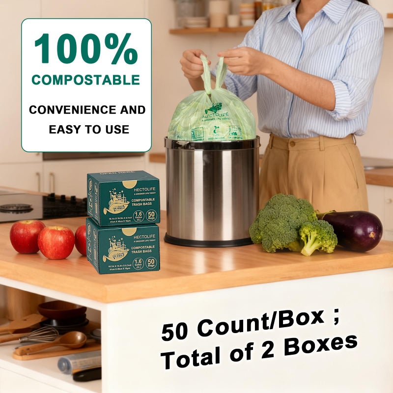 HECTOLIFE 1.6 Gallon 100 Count,Compostable Bags Handle Tie,Tear Resistant Kitchen Food Scrap Waste Bag, ASTM D6400, US BPI and Europe OK Compost Home Certified - Image 5