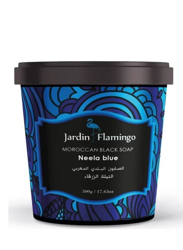 Jardin Flamingo Moroccan Black Soap Neela Blue 500g | Deep Cleansing & Exfoliating Hammam Body Scrub | Enriched with Natural Olive Paste & Eucalyptus