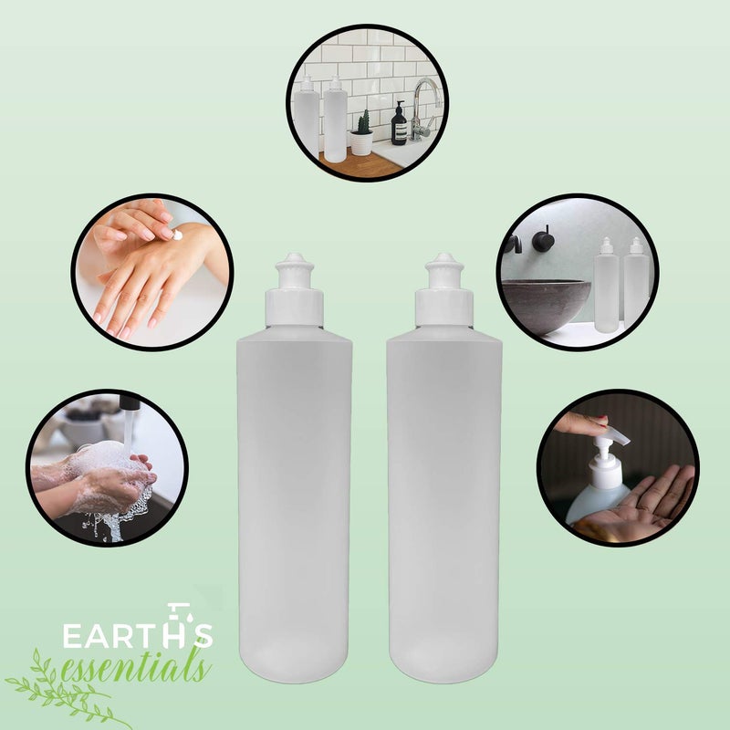Earth's Essentials 2 Pack Refillable 16 Ounce HDPE Squeeze Bottles With Push/Pull Button Top Dispenser Caps-Great For Lotions, Shampoos, Conditioners and Massage Oils From (White Cap) - Image 2