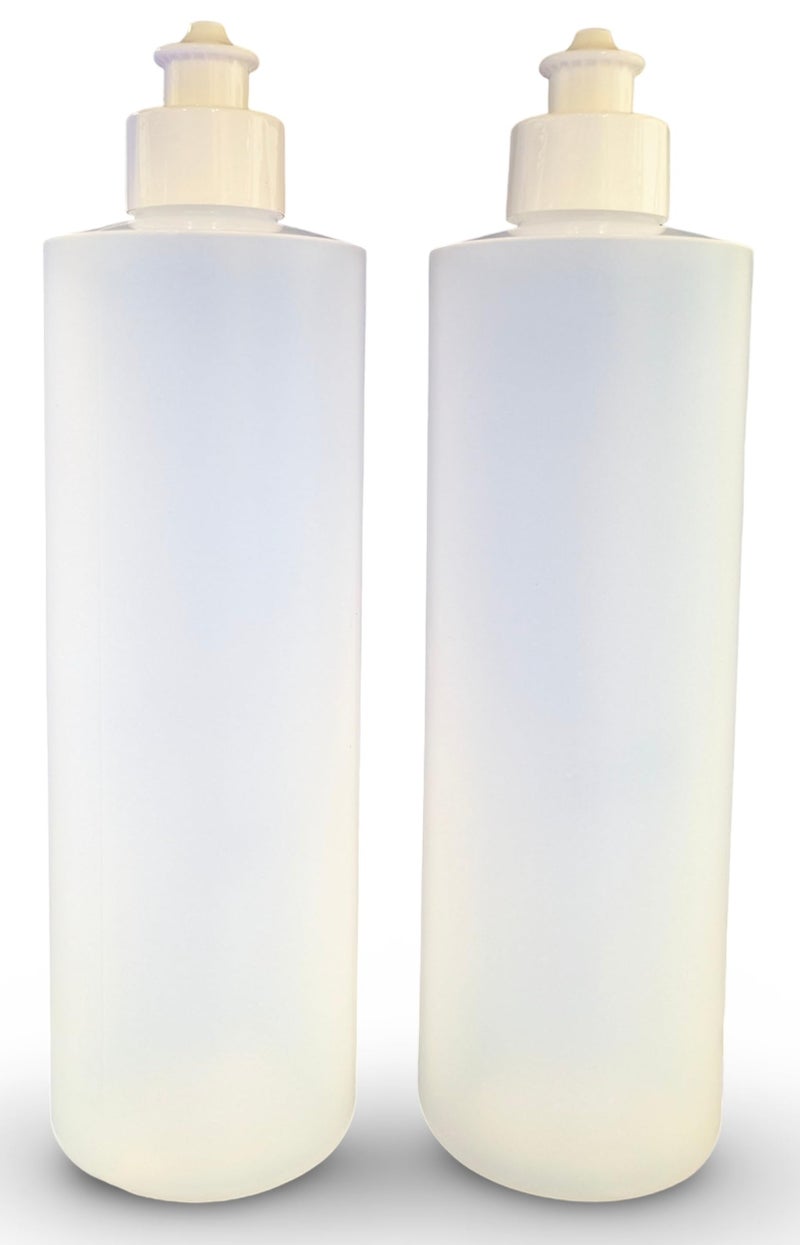 Earth's Essentials 2 Pack Refillable 16 Ounce HDPE Squeeze Bottles With Push/Pull Button Top Dispenser Caps-Great For Lotions, Shampoos, Conditioners and Massage Oils From (White Cap) - Image 1