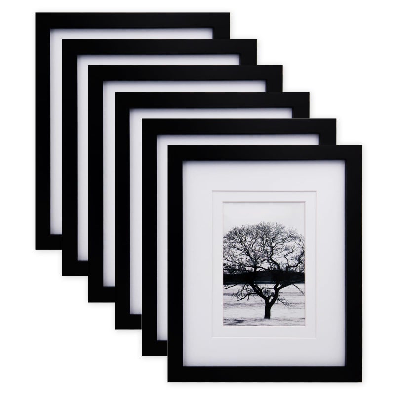 Egofine 8x10 Picture Frames Set of 6 Made of Solid Wood Covered by Plexiglass Display 4x6 and 5x7 with Mat or 8x10 without Mat for Table Top Display and Wall Mounting Photo Frame Black