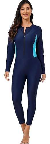 ALLTOKE Womens Full Body Rash Guard with Built in Bra Long Sleeve One Piece Swimsuit UPF50+ Zip Front Bathing Suit Navy M - Image 1
