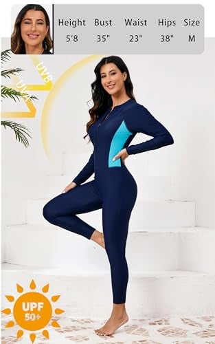 ALLTOKE Womens Full Body Rash Guard with Built in Bra Long Sleeve One Piece Swimsuit UPF50+ Zip Front Bathing Suit Navy M - Image 2