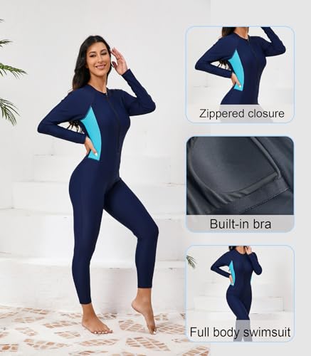 ALLTOKE Womens Full Body Rash Guard with Built in Bra Long Sleeve One Piece Swimsuit UPF50+ Zip Front Bathing Suit Navy M - Image 3