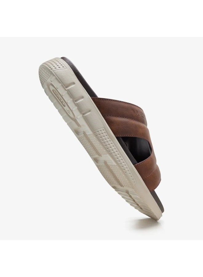 NDURE Men's Leather Slide Sandals, Brown, Contoured Footbed, Casual Comfort - Image 1