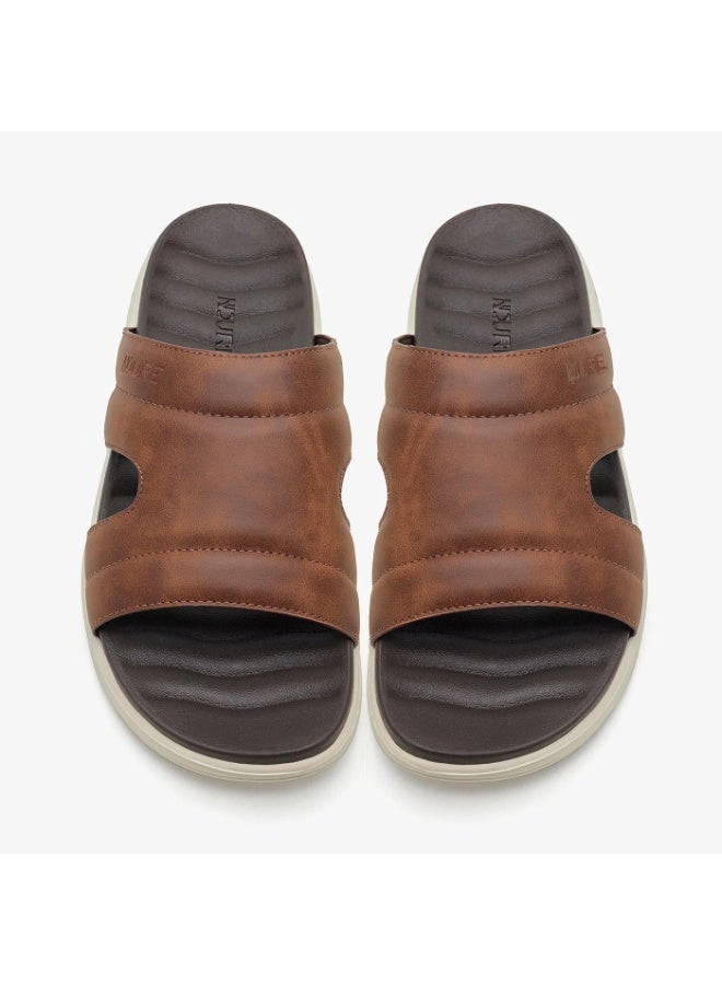 NDURE Men's Leather Slide Sandals, Brown, Contoured Footbed, Casual Comfort - Image 2