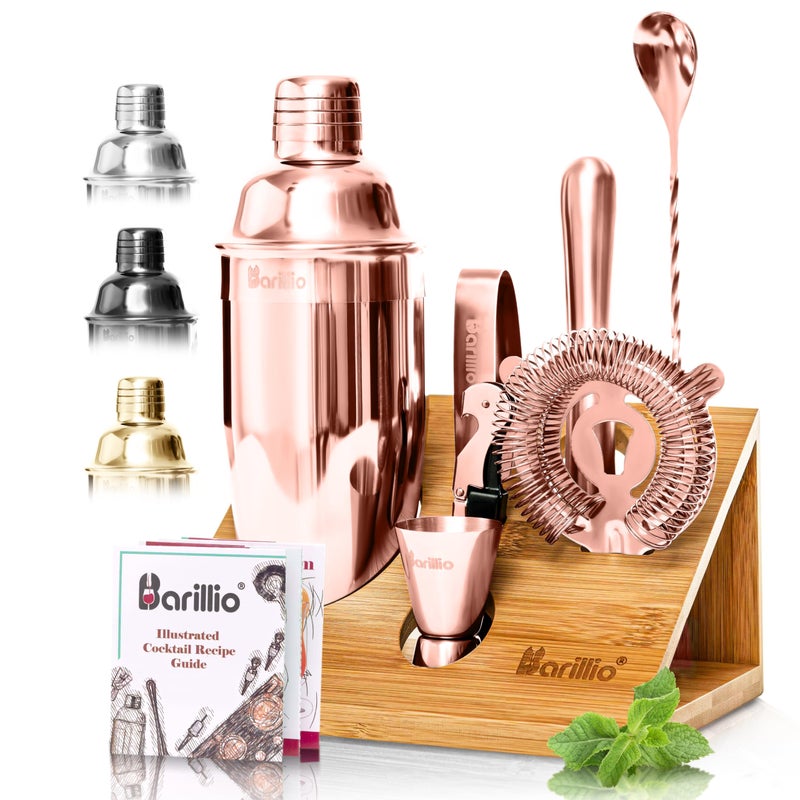 barillio طقم بارتي بارتي باريللو باللون الوردي الذهبي  طقم خلطات كوكتيل من الفولاذ المقاوم للصدأ مع حامل من الخيزران  أدوات بار ميكسولوجي مع خافق وملعقة خلط  ومدلك للكوكتيلات  ملحقات بار منزلية  طقم بار مكون من 10 قطع