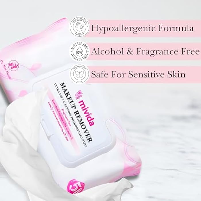 Mivida Hypoallergenic Makeup Remover Wipes With Vitamin E, Daily Cleansing Facial Towelettes, For Sensitive Skin, 50 Count, Alcohol Free, Fragrance Free Makeup Wipes - Image 3