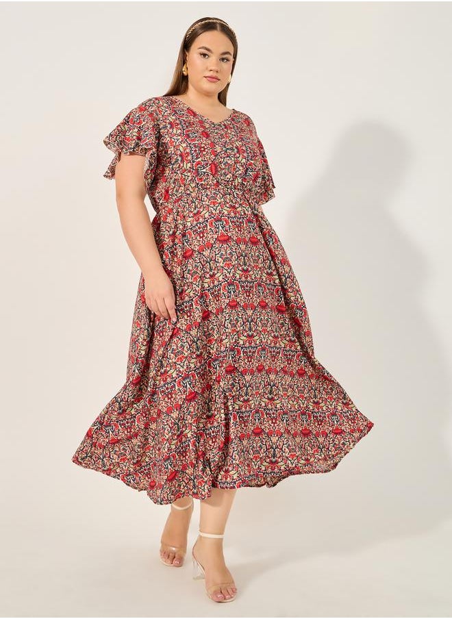 Styli Plus Size All Over Printed V Neck A-Line Midi Dress  - Image 2