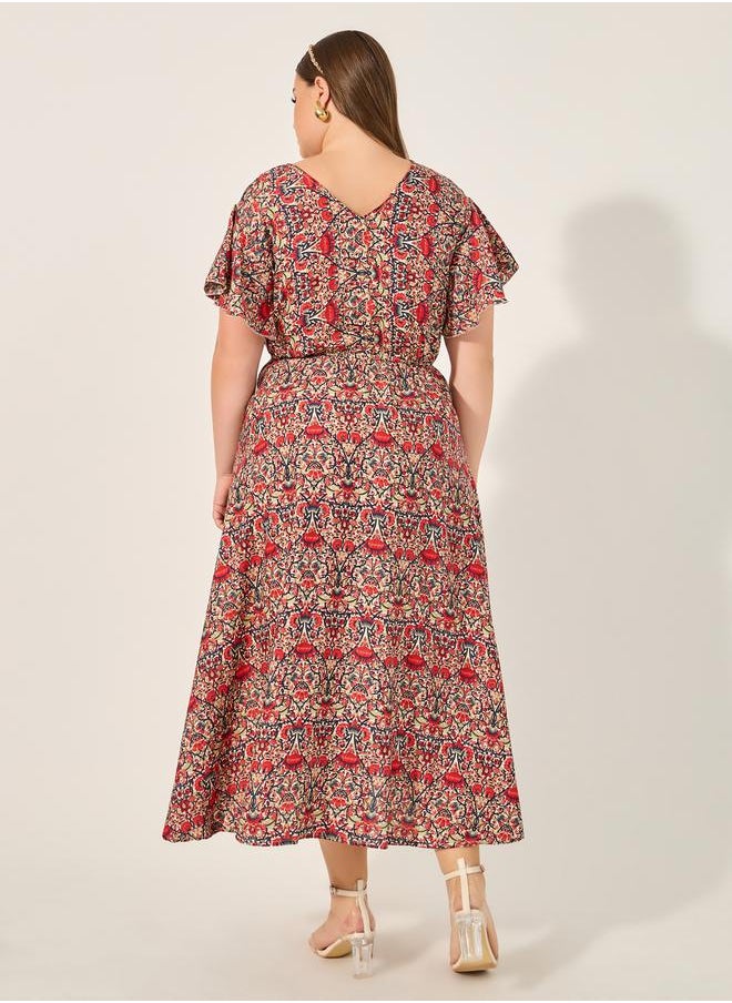 Styli Plus Size All Over Printed V Neck A-Line Midi Dress  - Image 5